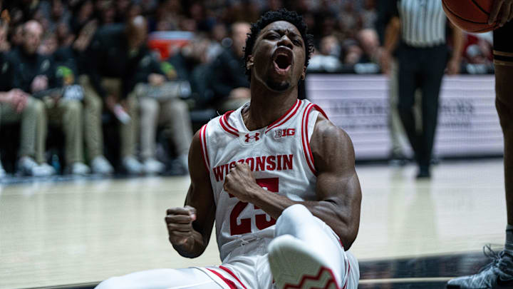 Mar 7, 2026; West Lafayette, Indiana, USA; Wisconsin Badgers guard John Blackwell (25) celebrates making a basket.