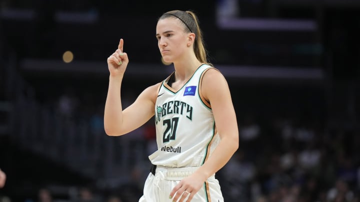 Aug 28, 2024; Los Angeles, California, USA; New York Liberty guard Sabrina Ionescu (20) gestures against the LA Sparks in the first half at Crypto.com Arena. Mandatory Credit: Kirby Lee-USA TODAY Sports Aug 28, 2024; Los Angeles, California, USA; New York Liberty guard Sabrina Ionescu (20) gestures against the LA Sparks in the first half at Crypto.com Arena. Mandatory Credit: Kirby Lee-USA TODAY Sports