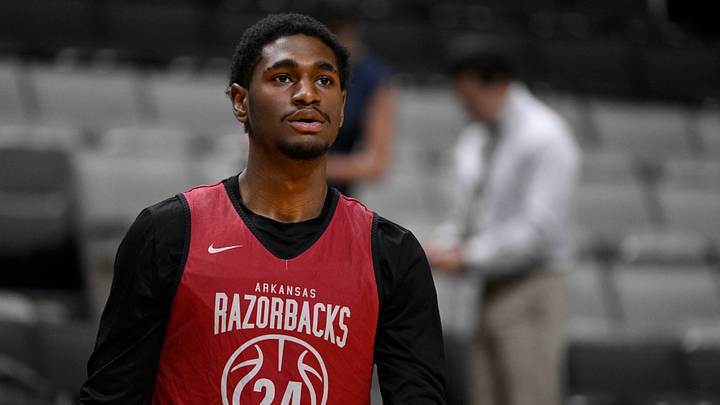 Mar 25, 2026; San Jose, CA, USA; Arkansas Razorbacks forward Billy Richmond III (24) looks on during a practice session ahead of the west regional of the men's 2026 NCAA Tournament at SAP Center. Mar 25, 2026; San Jose, CA, USA; Arkansas Razorbacks forward Billy Richmond III (24) looks on during a practice session ahead of the west regional of the men's 2026 NCAA Tournament at SAP Center.