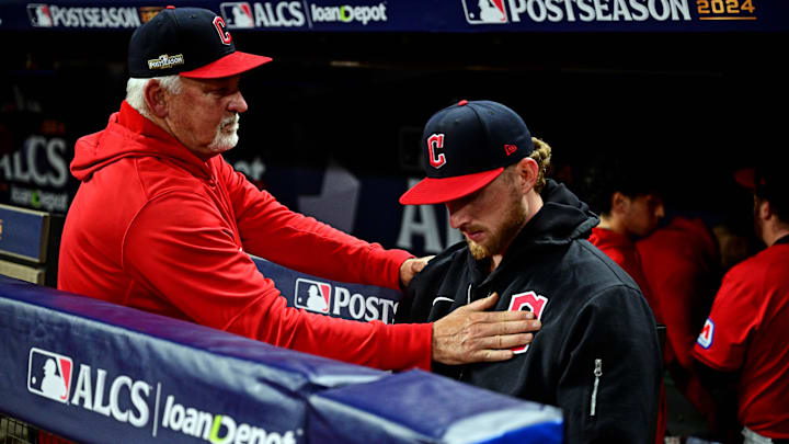 Oct 19, 2024; Cleveland, Ohio, USA; Cleveland Guardians pitcher Tanner Bibee (28) reacts with pitching coach Carl Willis (51) after beating beat by the New York Yankees during game five of the ALCS for the 2024 MLB playoffs at Progressive Field. Mandatory Credit: David Dermer-Imagn Images Oct 19, 2024; Cleveland, Ohio, USA; Cleveland Guardians pitcher Tanner Bibee (28) reacts with pitching coach Carl Willis (51) after beating beat by the New York Yankees during game five of the ALCS for the 2024 MLB playoffs at Progressive Field. Mandatory Credit: David Dermer-Imagn Images