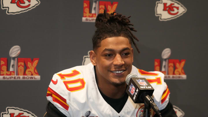 Feb 5, 2025; New Orleans, LA, USA; Kansas City Chiefs running back Isiah Pacheco (10) in a press conference ahead of Super Bowl LIX at New Orleans Marriott. Mandatory Credit: Kirby Lee-Imagn Images Feb 5, 2025; New Orleans, LA, USA; Kansas City Chiefs running back Isiah Pacheco (10) in a press conference ahead of Super Bowl LIX at New Orleans Marriott. Mandatory Credit: Kirby Lee-Imagn Images