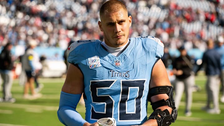 Tennessee Titans linebacker Cody Barton walks off the field post game against the New England Patriots. Tennessee Titans linebacker Cody Barton walks off the field post game against the New England Patriots.