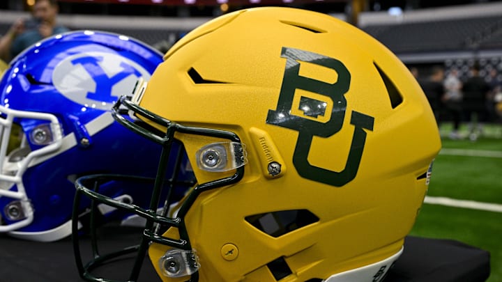 Jul 12, 2023; Arlington, TX, USA; A view of the Baylor Bears helmet and logo during Big 12 football media day at AT&T Stadium. Mandatory Credit: Jerome Miron-Imagn Images