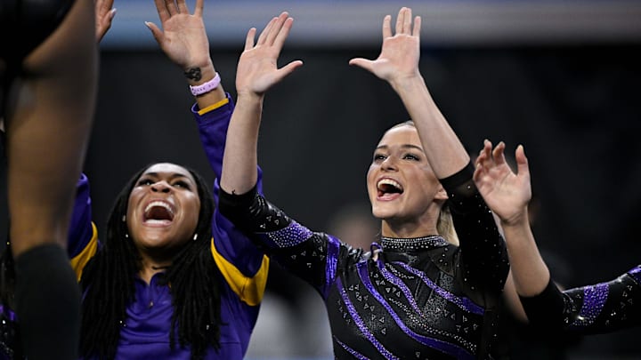 LSU Tigers gymnast Olivia Dunne cheers for the Tigers during the 2025 Women's National Gymnastics Semifinal at Dickies Arena.