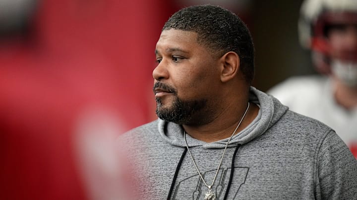 Wisconsin defensive line coach E.J. Whitlow is shown during spring football practice Thursday, April 25, 2024 in Madison, Wisconsin. The Wisconsin Badgers football team plays their season opener against Western Michigan on August 31.