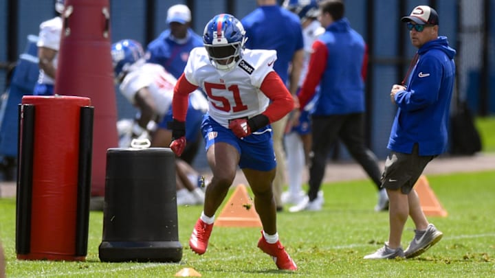 May 10, 2025; East Rutherford, NJ, USA; New York Giants linebacker Abdul Carter (51) participates in a drill during rookie minicamp at Quest Diagnostics Training Center. Mandatory Credit: John Jones-Imagn Images