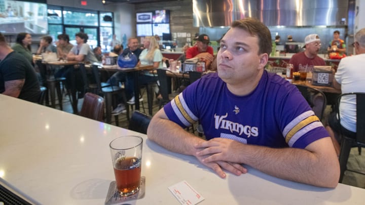 Vikings fan Joshua Kaspari watches pre-season football games at Sammy Barker's in Pensacola on Aug. 7, 2025. Vikings fan Joshua Kaspari watches pre-season football games at Sammy Barker's in Pensacola on Aug. 7, 2025.