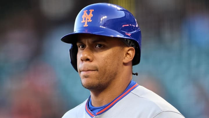 Apr 2, 2026; San Francisco, California, USA; New York Mets outfielder Juan Soto (22) walks to the batters box against the San Francisco Giants during the first inning at Oracle Park. Mandatory Credit: Robert Edwards-Imagn Images
