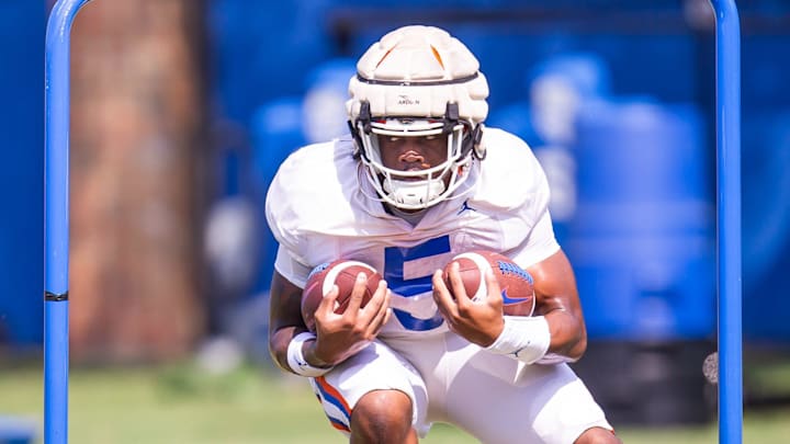Florida Gators running back Treyaun Webb (5) runs a drill while carrying two balls during Fall practice at Sanders Practice Fields in Gainesville, FL on Thursday, August 8, 2024. [Doug Engle/Gainesville Sun]