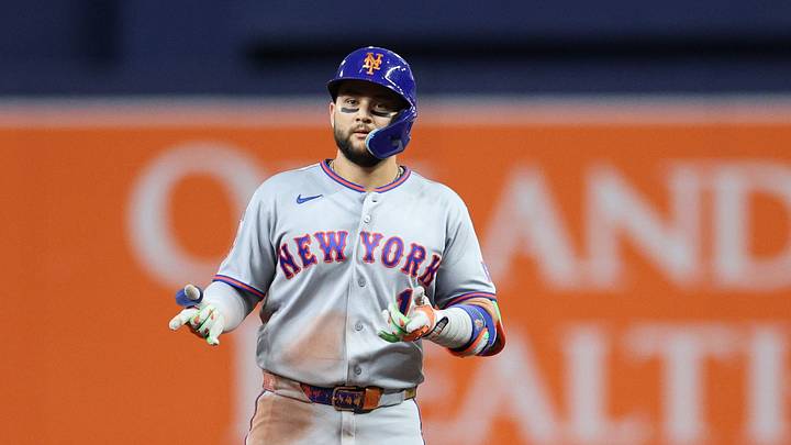 Sep 2, 2026; St. Petersburg, Florida, USA;  New York Mets third base Bo Bichette (19) reacts after hitting a double during the seventh inning against the Tampa Bay Rays at Tropicana Field. at Tropicana Field.  Mandatory Credit: Nathan Ray Seebeck-Imagn Images