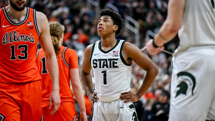 Michigan State's Jeremy Fears Jr. prepares to shoot free throws against Illinois during overtime on Saturday, Feb. 7, 2026, at the Breslin Center in East Lansing.