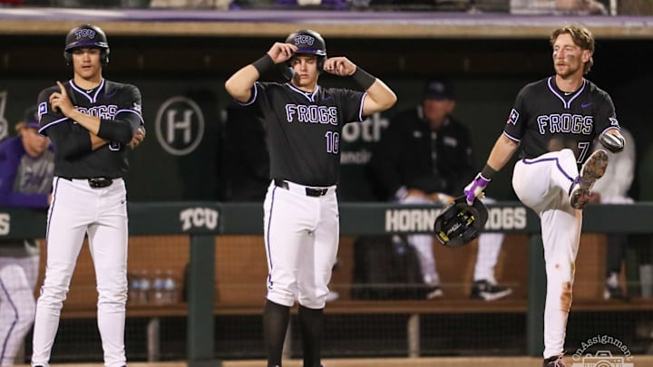 Noah Franco, Nolan Traeger and Cole Cramer waiting for the call against Tarleton State, 02/25/2025