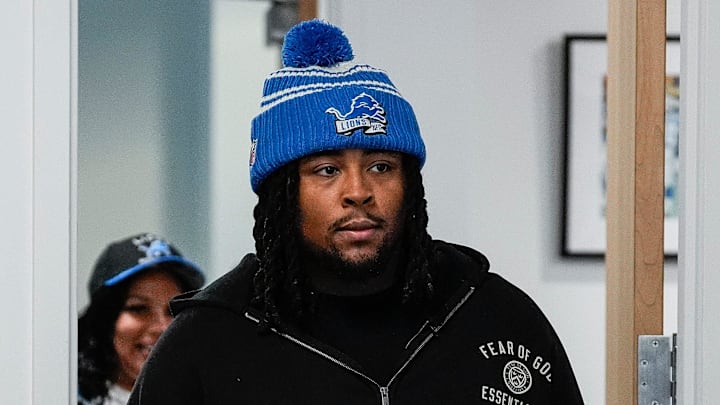Detroit Lions first round draft selection Tyleik Williams walks into the Tom Kowalski Media Room for introduction press conference at Meijer Performance Center In Allen Park on Friday, April 25, 2025.