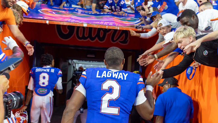 Florida quarterback DJ Lagway (2) greets fans after beating Texas 29-21 on Oct. 4, 2025, at Ben Hill Griffin Stadium Gainesville,. Florida quarterback DJ Lagway (2) greets fans after beating Texas 29-21 on Oct. 4, 2025, at Ben Hill Griffin Stadium Gainesville,.