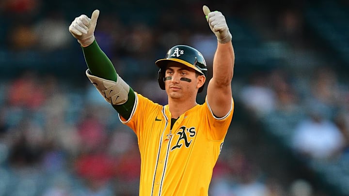 Sep 6, 2025; Anaheim, California, USA; Athletics left fielder Tyler Soderstrom (21) reacts after reaching second on a three run RBI double against the Los Angeles Angels during the first inning at Angel Stadium. Mandatory Credit: Gary A. Vasquez-Imagn Images