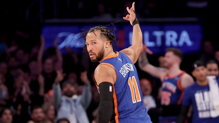 Feb 3, 2024; New York, New York, USA; New York Knicks guard Jalen Brunson (11) celebrates his three point shot against the Los Angeles Lakers during the third quarter at Madison Square Garden. Mandatory Credit: Brad Penner-USA TODAY Sports Feb 3, 2024; New York, New York, USA; New York Knicks guard Jalen Brunson (11) celebrates his three point shot against the Los Angeles Lakers during the third quarter at Madison Square Garden. Mandatory Credit: Brad Penner-USA TODAY Sports