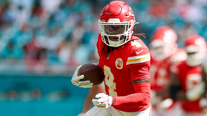 Sep 27, 2026; Miami Gardens, Florida, USA; Kansas City Chiefs wide receiver Rashee Rice (4) runs with the ball against the Miami Dolphins in the fourth quarter at Hard Rock Stadium. Mandatory Credit: Nathan Ray Seebeck-Imagn Images