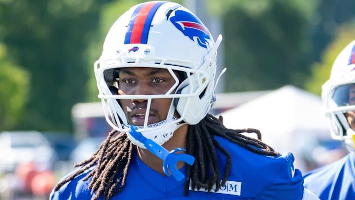 Jul 23, 2025; Rochester, NY, USA; Buffalo Bills cornerback Dorian Strong (43) runs between drills during training camp at St. John Fisher University. Mandatory Credit: Mark Konezny-Imagn Images