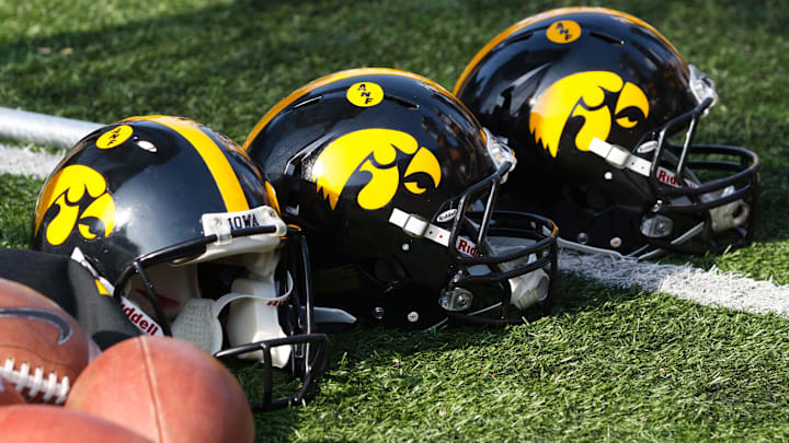 November 17, 2012; Ann Arbor, MI, USA; Iowa Hawkeyes helmets on the sideline during the game against the Michigan Wolverines at Michigan Stadium. Mandatory Credit: Rick Osentoski-Imagn Images
