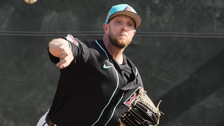 Arizona Diamondbacks pitcher Merrill Kelly (29) during spring training workouts on Feb. 10, 2026, at Salt River Fields in Scottsdale.