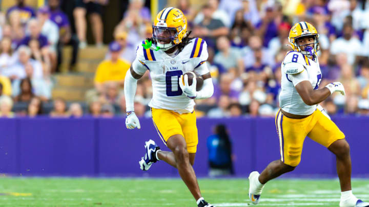 Reciever Zavion Thomas 0, LSU Tigers take on the Louisiana Tech. Sept 6, 2025; Baton Rouge, Louisiana, USA; at Tiger Stadium.