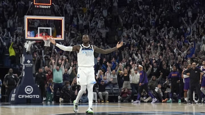 Nov 17, 2024; Minneapolis, Minnesota, USA; Minnesota Timberwolves forward Julius Randle (30) celebrates his game-winning three-pointer against the Phoenix Suns at the end of the fourth quarter at Target Center. Mandatory Credit: Nick Wosika-Imagn Images