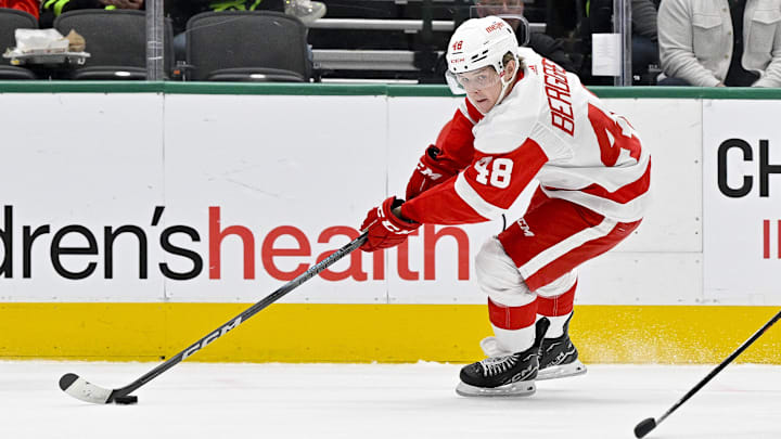 Dec 11, 2023; Dallas, Texas, USA; Detroit Red Wings right wing Jonatan Berggren (48) in action