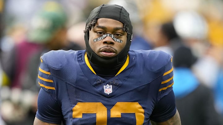 Nov 2, 2025; Green Bay, Wisconsin, USA;  Green Bay Packers running back Emanuel Wilson (23) following the game against the Carolina Panthers at Lambeau Field.