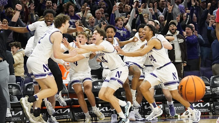 Jan 16, 2025; Evanston, Illinois, USA; Northwestern Wildcats forward Nick Martinelli (2) celebrates his game winning basket against the Maryland Terrapins during overtime at Welsh-Ryan Arena. Mandatory Credit: David Banks-Imagn Images