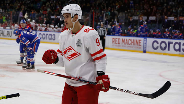 Spartak Hockey Club player, Maxim Tsyplakov (No.9) seen in...