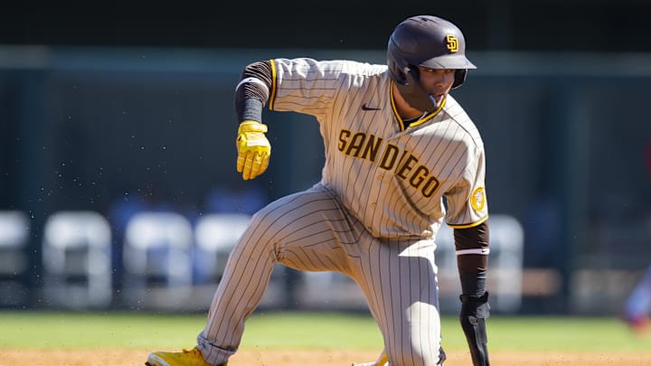 Oct 22, 2022; Phoenix, Arizona, USA; San Diego Padres outfielder Tirso Ornelas plays for the Peoria Javelinas during an Arizona Fall League baseball game at Phoenix Municipal Stadium. Mandatory Credit: Mark J. Rebilas-Imagn Images