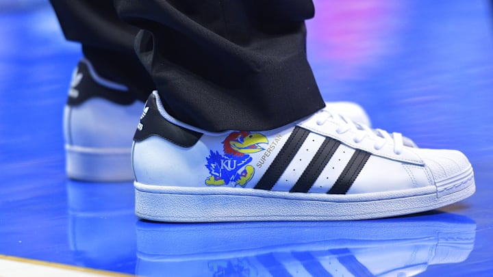 Jan 25, 2020; Lawrence, Kansas, USA; A general view of the Adidas shoes worn by the Kansas Jayhawks coaching staff before the game against the Tennessee Volunteers at Allen Fieldhouse. Mandatory Credit: Denny Medley-Imagn Images