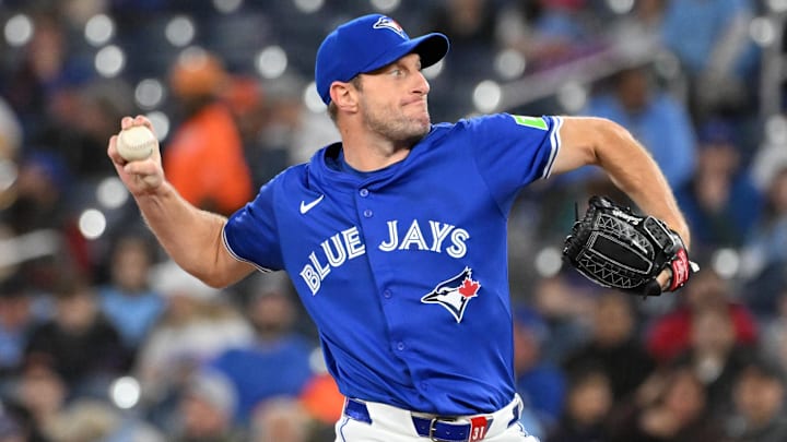 Mar 29, 2025; Toronto, Ontario, CAN; Toronto Blue Jays starting pitcher Max Scherzer (31) delivers a pitch against the Baltimore Orioles in the first inning at Rogers Centre.