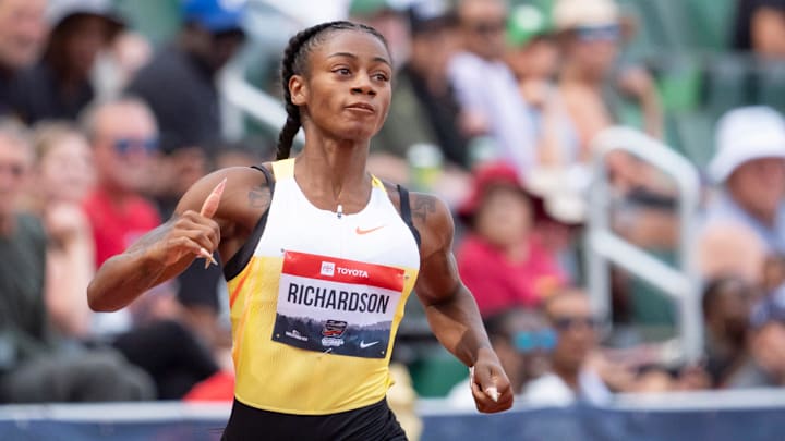 Sha'Carri Richardson competes in the first round of the women’s 100-meter dash during day one of the USATF Outdoor & Para National Championships at Hayward Field in Eugene on July 31, 2025.