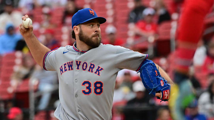 May 4, 2025; St. Louis, Missouri, USA;  New York Mets pitcher Tylor Megill (38) throws against the St. Louis Cardinals at Busch Stadium. Mandatory Credit: Tim Vizer-Imagn Images