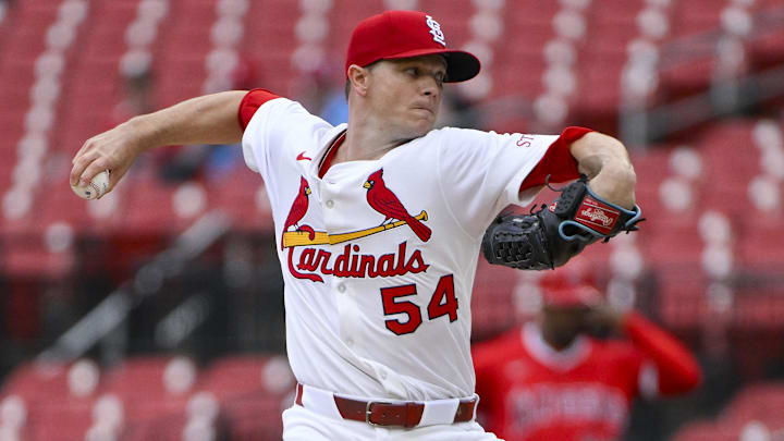 Apr 2, 2025; St. Louis, Missouri, USA;  St. Louis Cardinals starting pitcher Sonny Gray (54) pitches against the Los Angeles Angels during the first inning at Busch Stadium. Mandatory Credit: Jeff Curry-Imagn Images