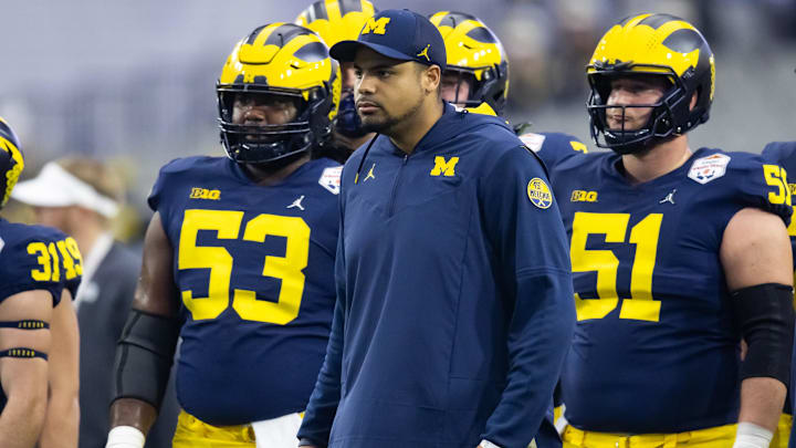 Dec 31, 2022; Glendale, Arizona, USA; Michigan Wolverines tight ends coach Grant Newsome against the