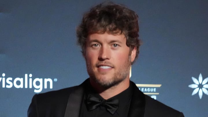 Feb 5, 2026; San Francisco, CA, USA; Los Angeles Rams quarterback Matthew Stafford posts with the NFL Honors most valuable player trophy at Palace of Fine Arts. Mandatory Credit: Kirby Lee-Imagn Images