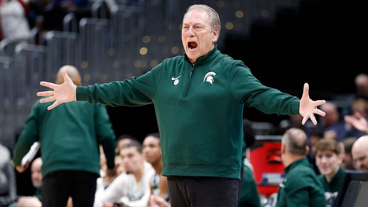 Mar 27, 2026; Washington, DC, USA; Michigan State Spartans head coach Tom Izzo reacts in the first half during a Sweet Sixteen game of the East Regional of the men's 2026 NCAA Tournament at Capital One Arena. Mandatory Credit: Amber Searls-Imagn Images