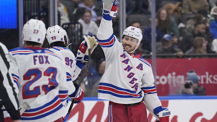 Mar 25, 2026; Toronto, Ontario, CAN; New York Rangers forward Vincent Trocheck (16) congratulates forward Mika Zibanejad (93) on his goal against the Toronto Maple Leafs during the second period at Scotiabank Arena. Mandatory Credit: John E. Sokolowski-Imagn Images