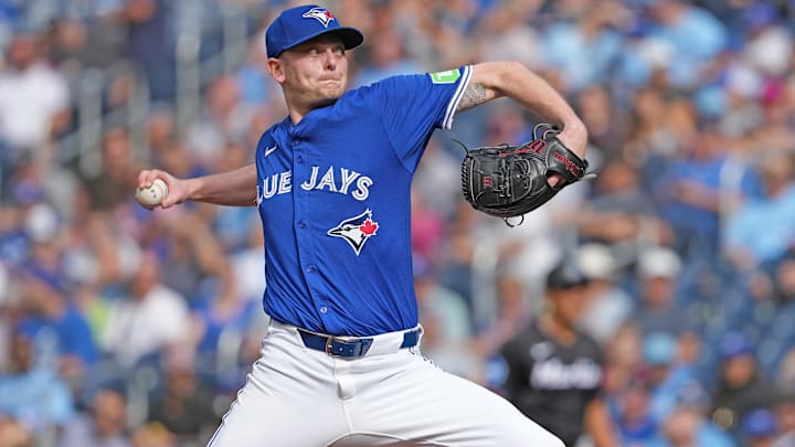 Sep 29, 2024; Toronto, Ontario, CAN; Toronto Blue Jays starting pitcher Ryan Burr (43) throws a pitch against the Miami Marlins during the first inning at Rogers Centre.