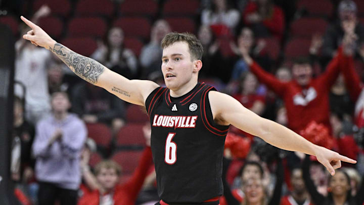 Nov 22, 2024; Louisville, Kentucky, USA; Louisville Cardinals guard Reyne Smith (6) reacts during the second half against the Winthrop Eagles at KFC Yum! Center. Louisville defeated Winthrop 76-61. Mandatory Credit: Jamie Rhodes-Imagn Images