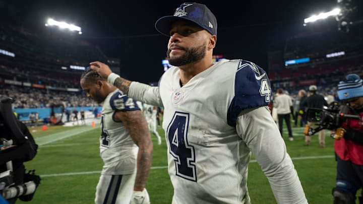 Dallas Cowboys quarterback Dak Prescott (4) celebrates their 27 to 13 win against the Tennessee