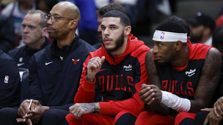 Oct 16, 2024; Chicago, Illinois, USA; Chicago Bulls guard Lonzo Ball (2) sits on the bench during the first half of a game against the Minnesota Timberwolves at United Center. Mandatory Credit: Kamil Krzaczynski-Imagn Images