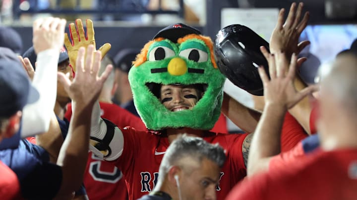 Sep 19, 2025; Tampa, Florida, USA;  Boston Red Sox outfielder Jarren Duran (16) is congratulated after hitting a two-run home run during the seventh inning against the Tampa Bay Rays at George M. Steinbrenner Field. Mandatory Credit: Kim Klement Neitzel-Imagn Images