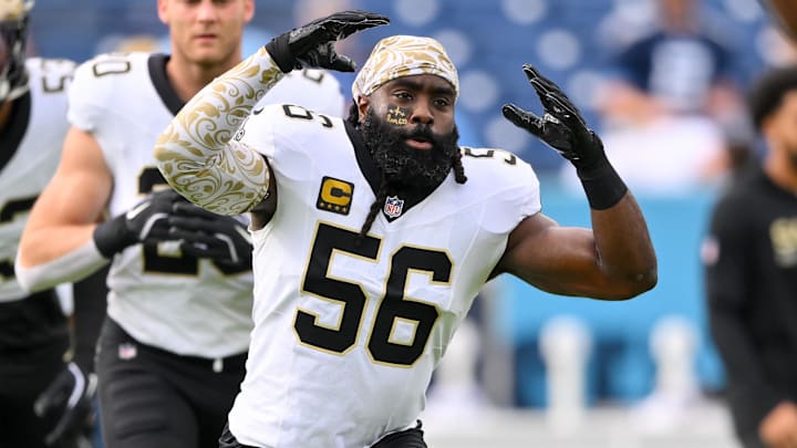 Dec 28, 2025; Nashville, Tennessee, USA; New Orleans Saints linebacker Demario Davis (56) stretches against the Tennessee Titans during pre-game warmups at Nissan Stadium. Mandatory Credit: Steve Roberts-Imagn Images Dec 28, 2025; Nashville, Tennessee, USA; New Orleans Saints linebacker Demario Davis (56) stretches against the Tennessee Titans during pre-game warmups at Nissan Stadium. Mandatory Credit: Steve Roberts-Imagn Images