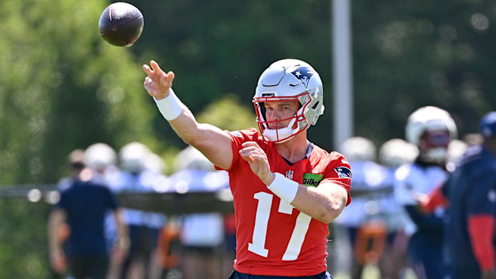 Jul 23, 2025; Foxborough, MA, USA; New England Patriots quarterback Ben Wooldridge (17) throws a pass during training camp at Gillette Stadium. Mandatory Credit: Eric Canha-Imagn Images