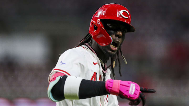 Apr 23, 2024; Cincinnati, Ohio, USA; Cincinnati Reds shortstop Elly De La Cruz (44) reacts after Apr 23, 2024; Cincinnati, Ohio, USA; Cincinnati Reds shortstop Elly De La Cruz (44) reacts after