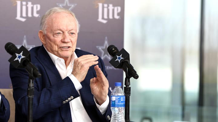 Dallas Cowboys owner Jerry Jones speaks to the media at a press conference at the Star. Dallas Cowboys owner Jerry Jones speaks to the media at a press conference at the Star.