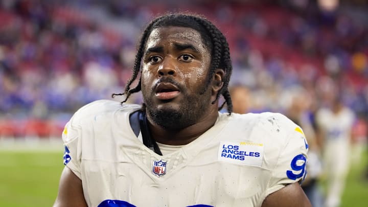 Nov 26, 2023; Glendale, Arizona, USA; Los Angeles Rams linebacker Keir Thomas (96) against the Arizona Cardinals at State Farm Stadium. Mandatory Credit: Mark J. Rebilas-Imagn Images
